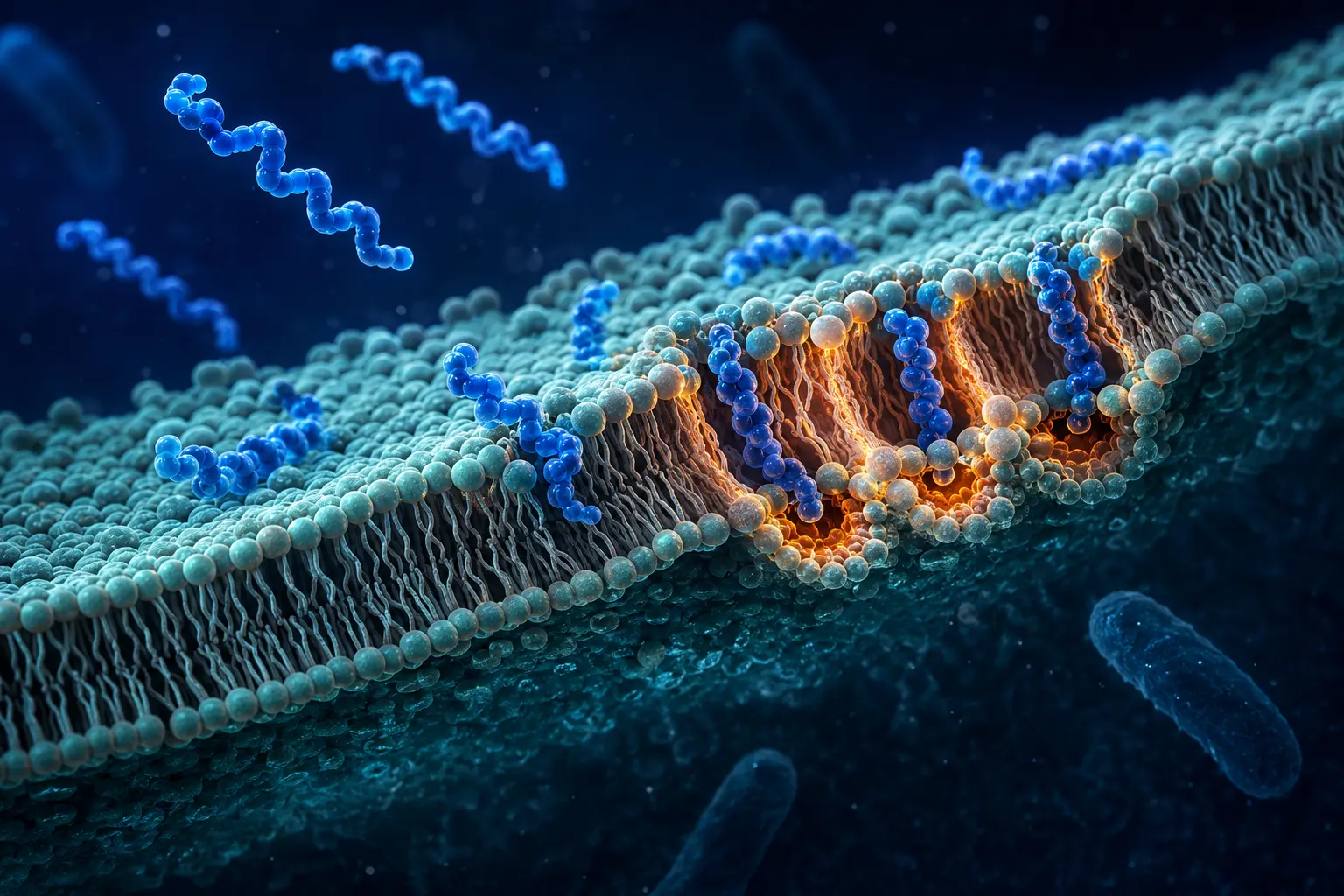 Antimicrobial peptides disrupting a bacterial cell membrane