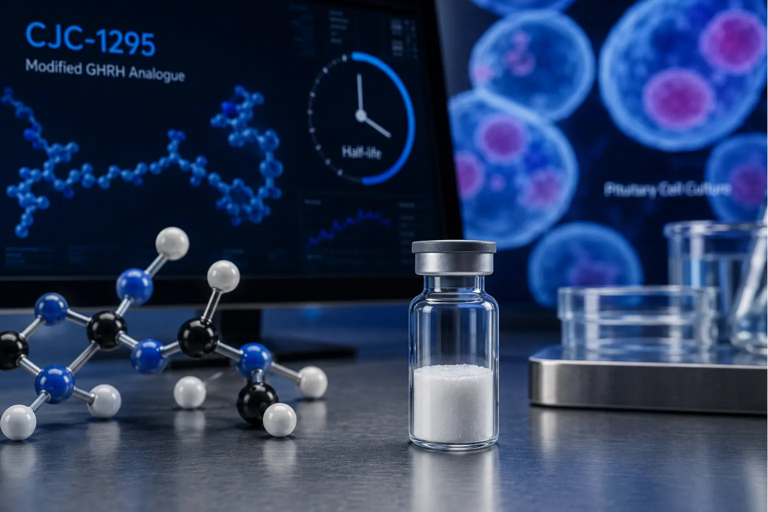 Unbranded peptide research vial with molecular half-life and pituitary-cell imagery