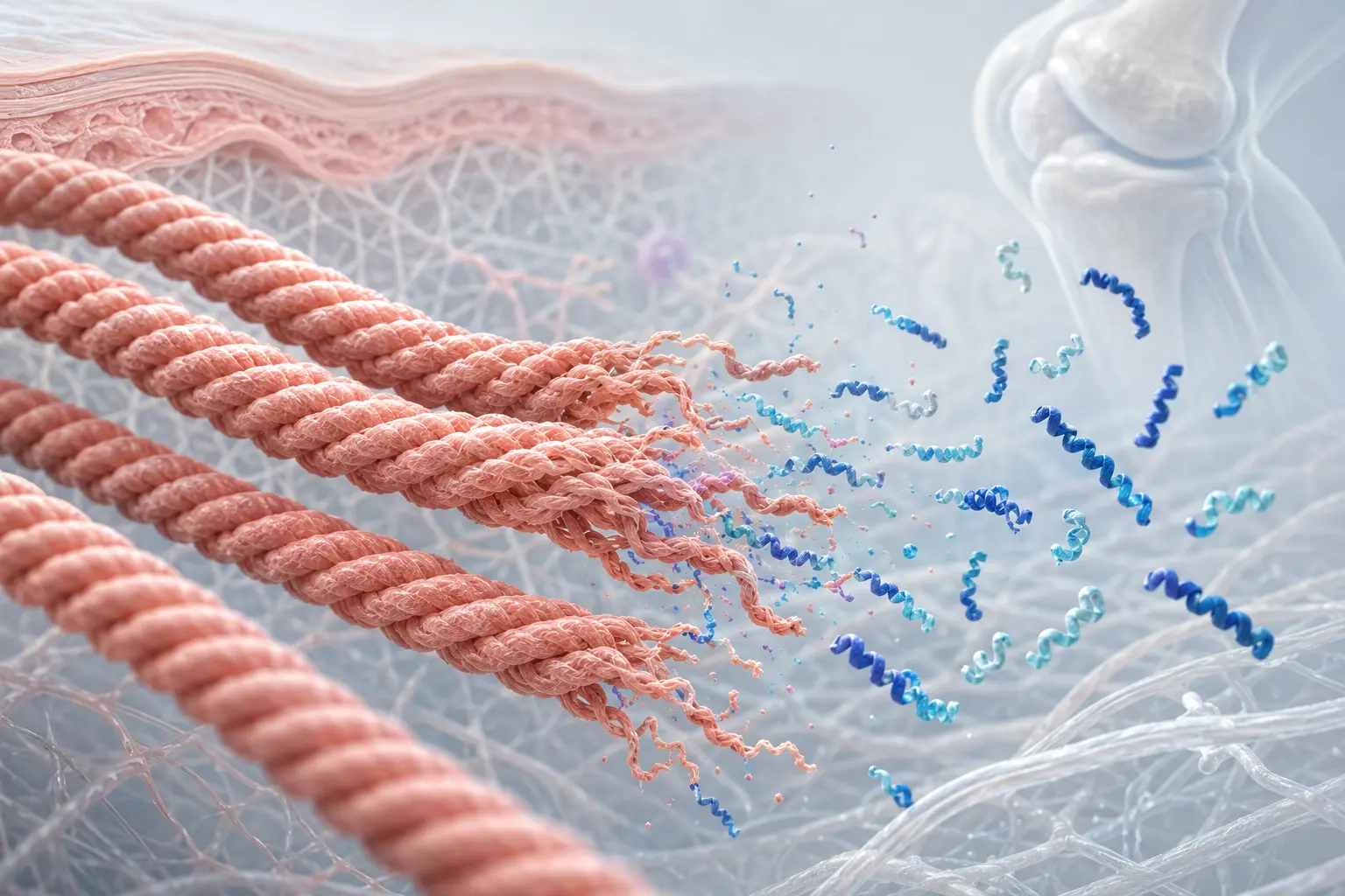 Collagen fibrils transitioning into shorter peptide fragments