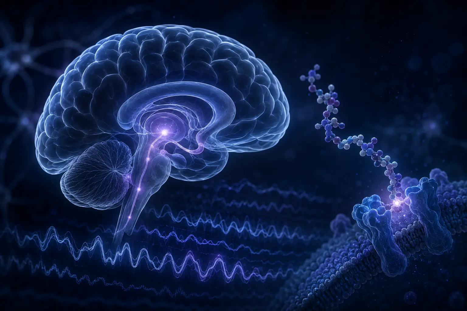 Scientific visualization of a peptide interacting with neural sleep-regulation pathways