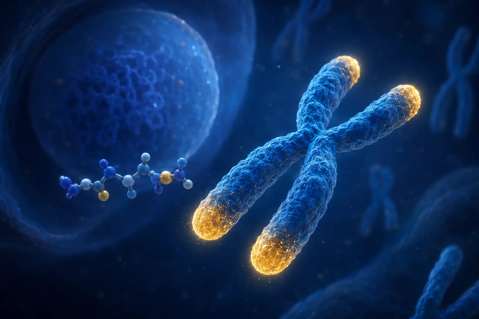 Conceptual chromosome ends with highlighted telomere caps