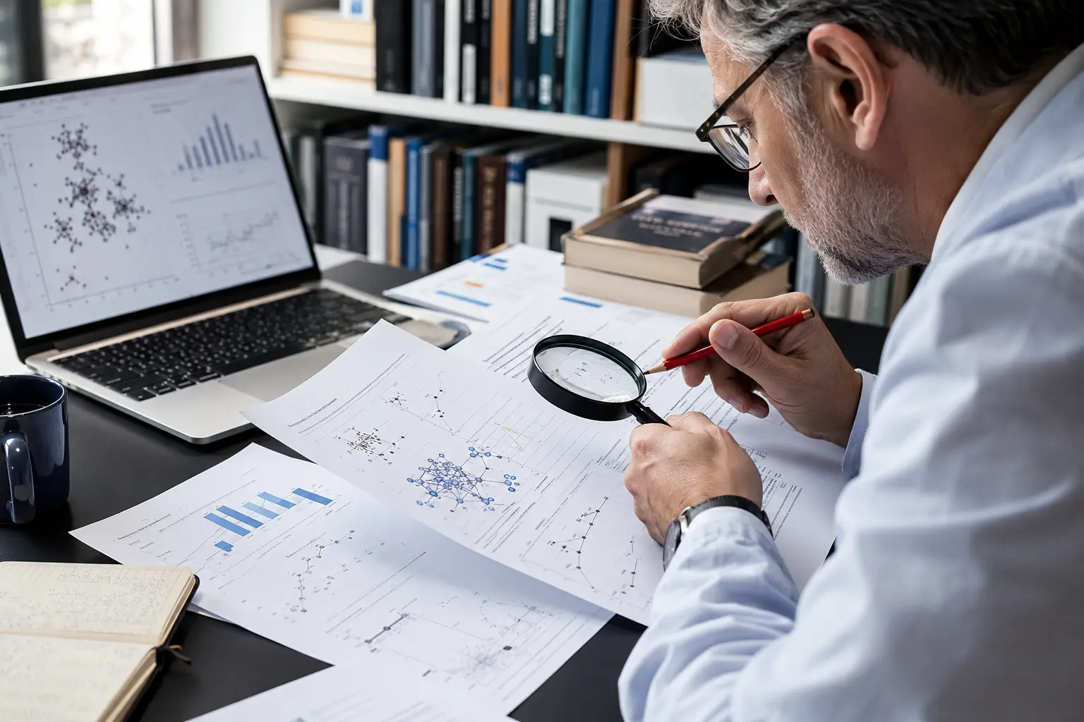 Researcher critically reviewing scientific papers and data