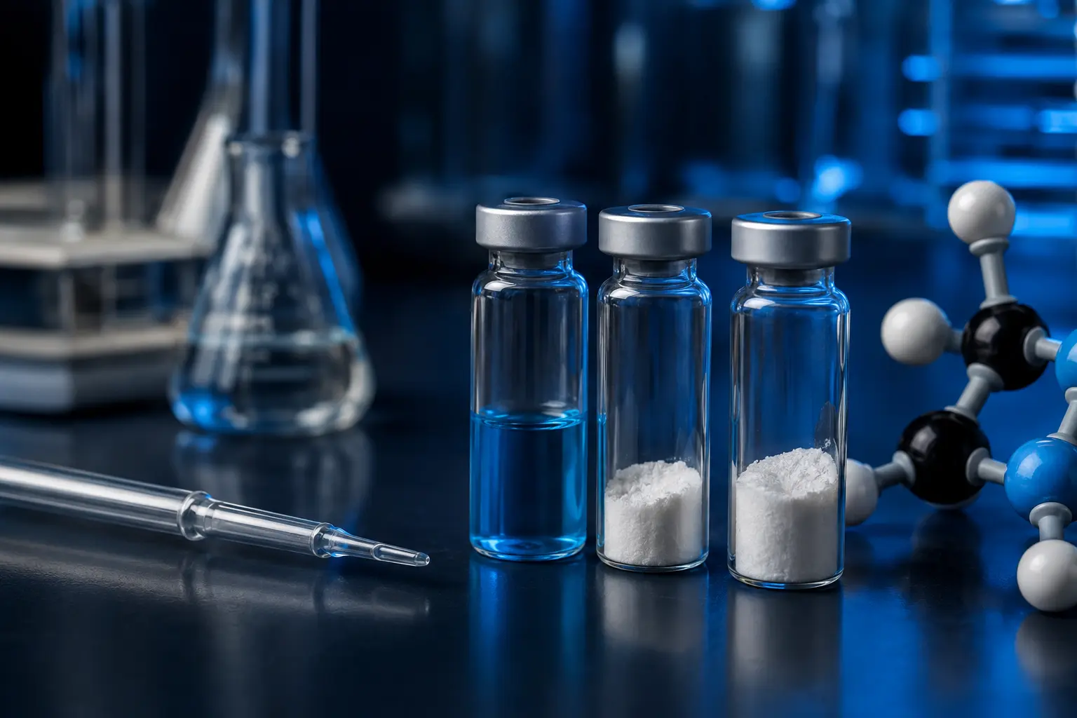 Three unbranded peptide research vials on a laboratory bench