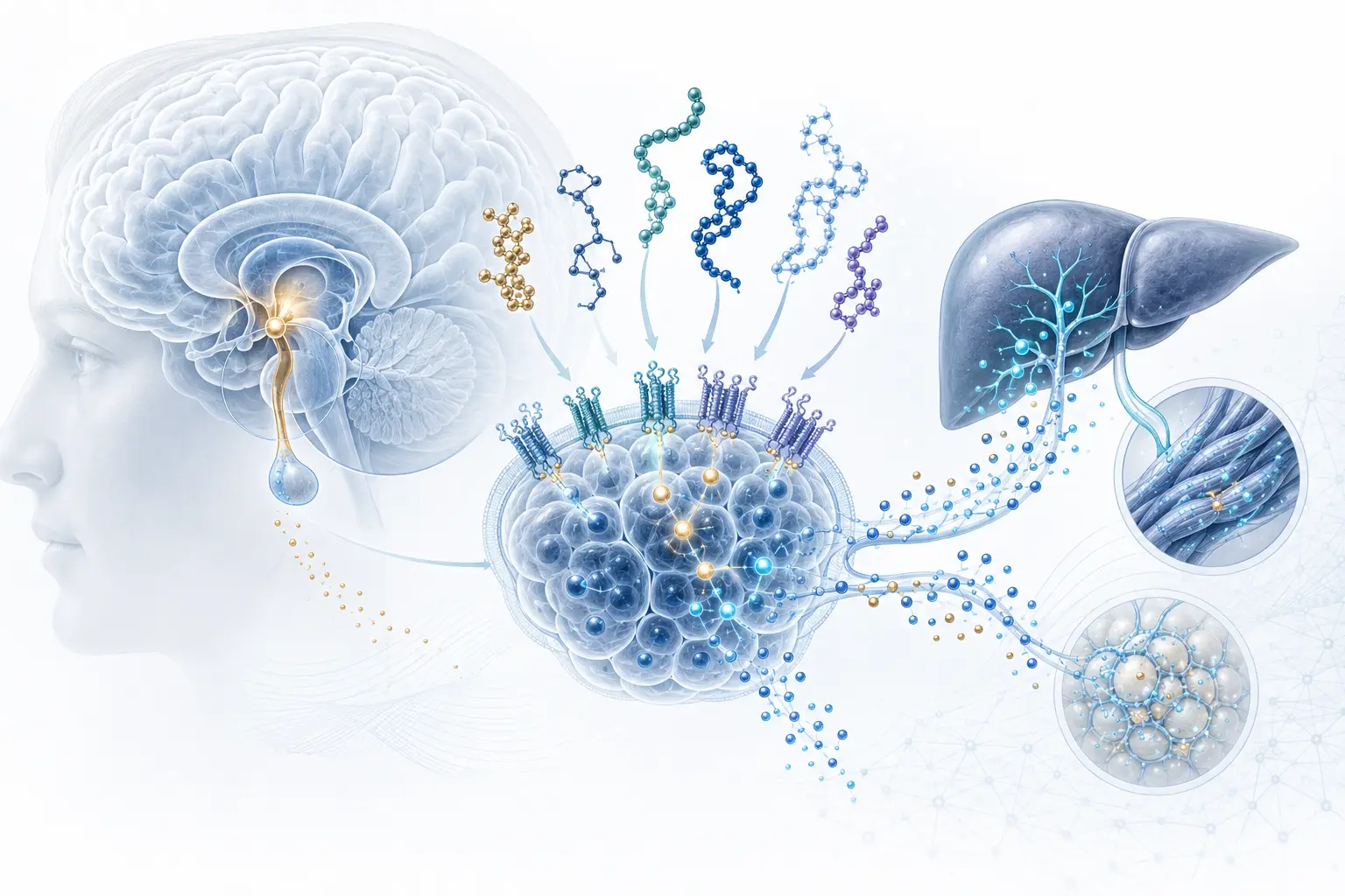 Conceptual hypothalamic, pituitary, receptor, liver, and tissue signaling network
