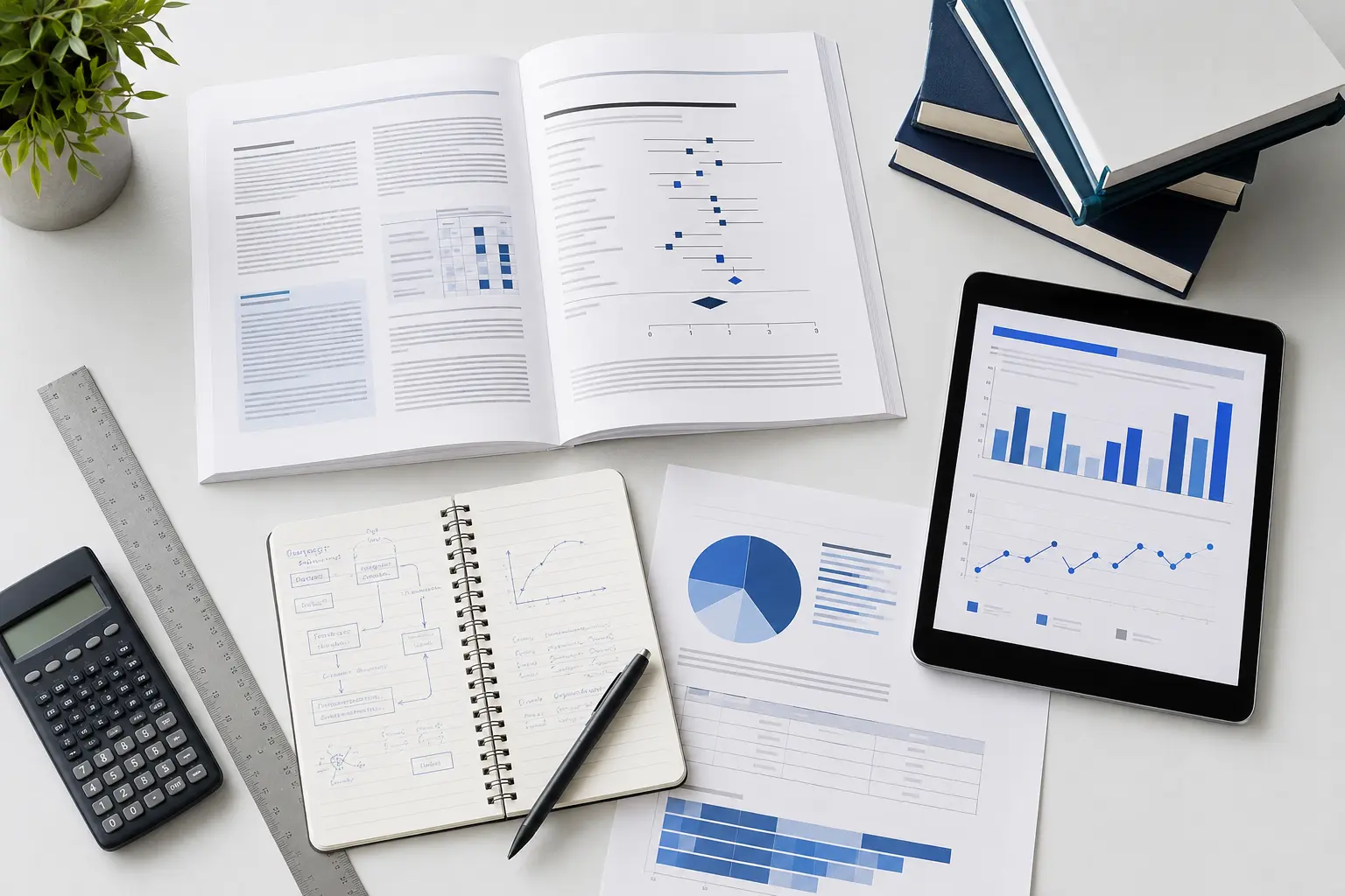 Scientific papers, charts, and notes arranged for study review
