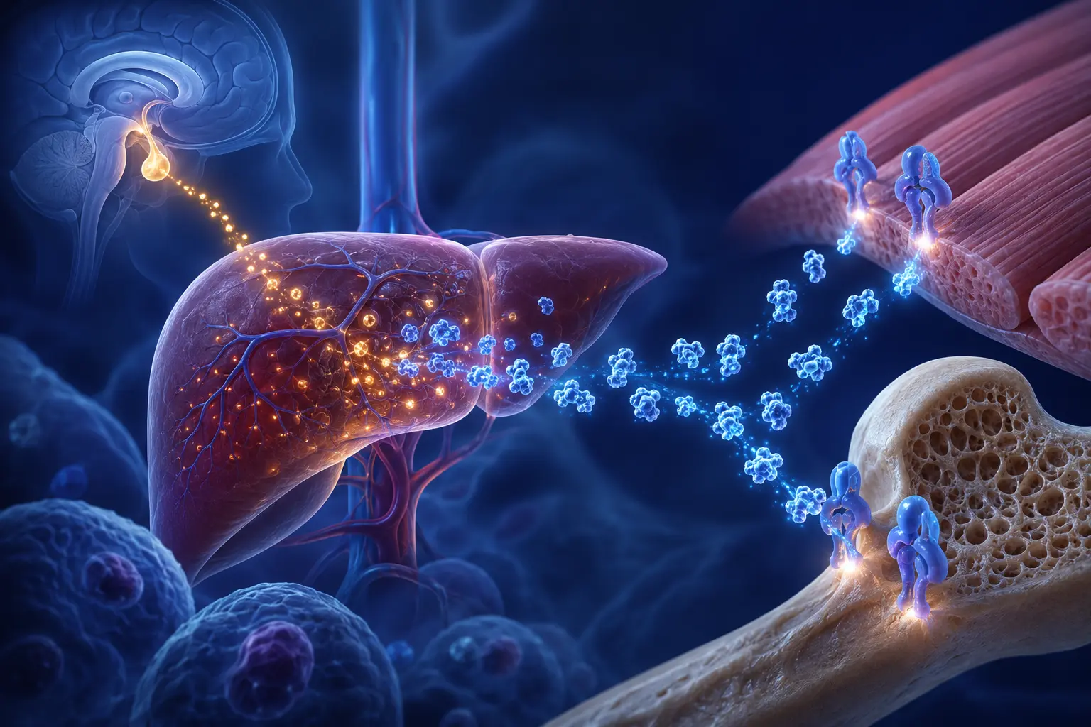 Conceptual pituitary, liver, IGF-1, muscle, and bone signaling pathway