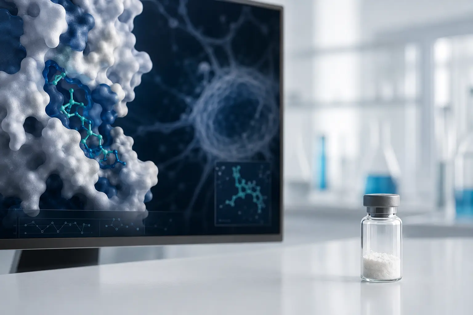 Unbranded peptide research vial beside a selective receptor-binding visualization