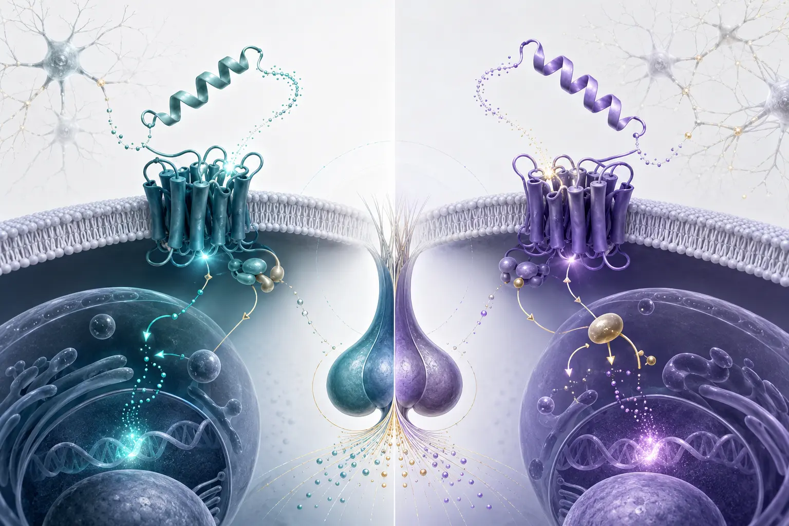 Side-by-side comparison of two peptide receptor pathways converging on pituitary signaling