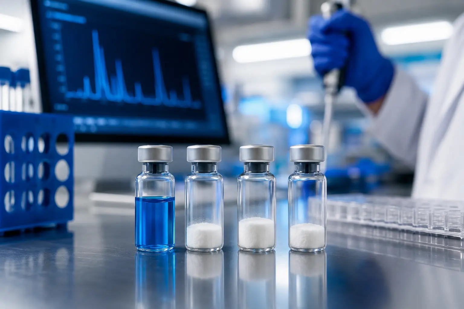 Four unbranded peptide research vials in an analytical laboratory