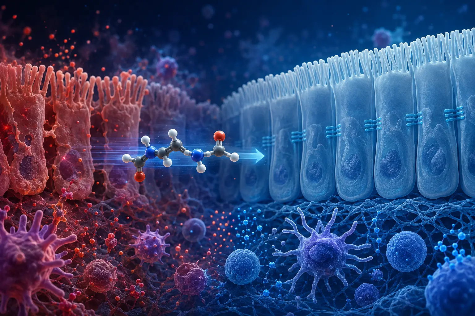 Scientific visualization of KPV peptide research involving the intestinal barrier and inflammatory signaling