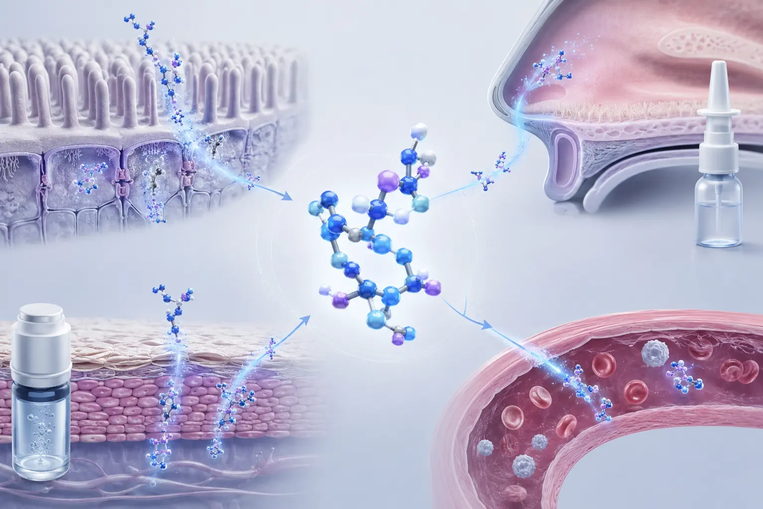 Conceptual peptide pathways across intestinal, nasal, skin, and blood barriers