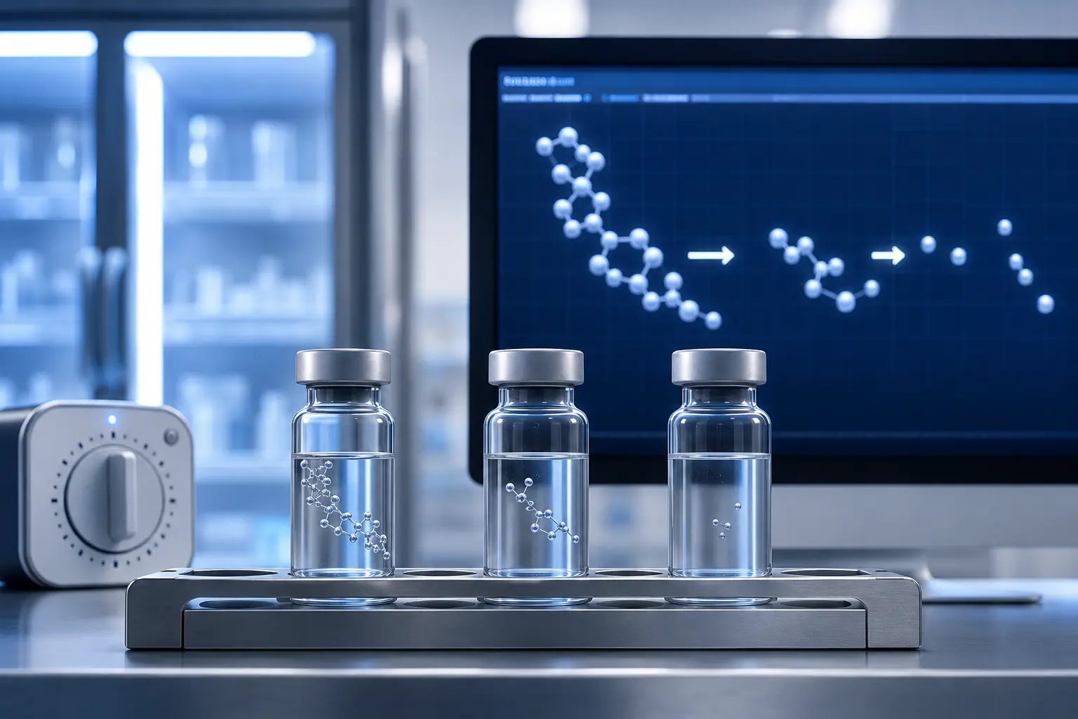 Peptide research samples illustrating molecular degradation over time
