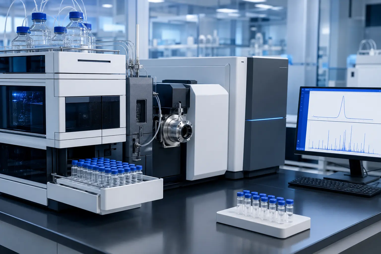 Analytical laboratory instruments evaluating a peptide research sample