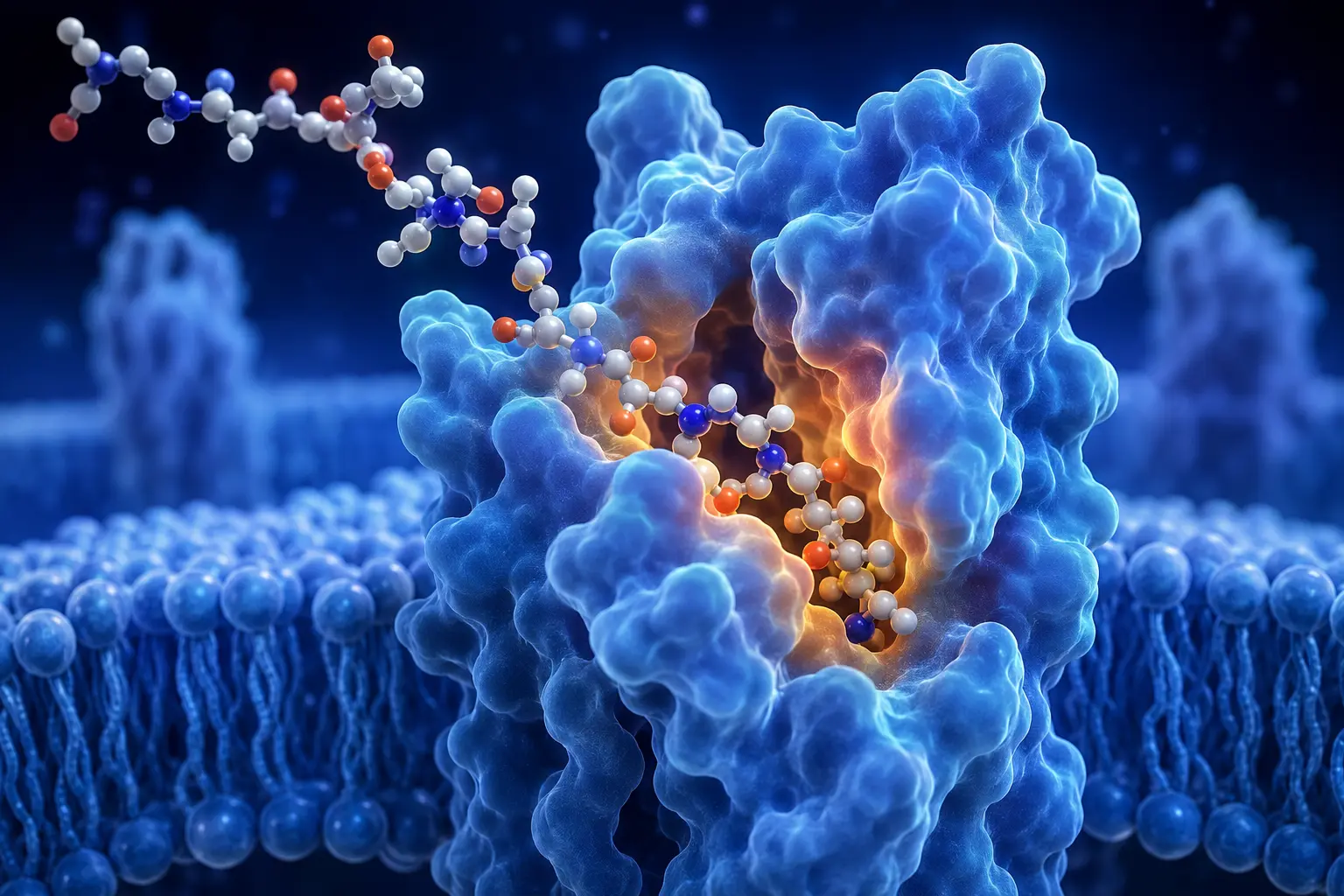 Conceptual peptide ligand entering a receptor binding pocket