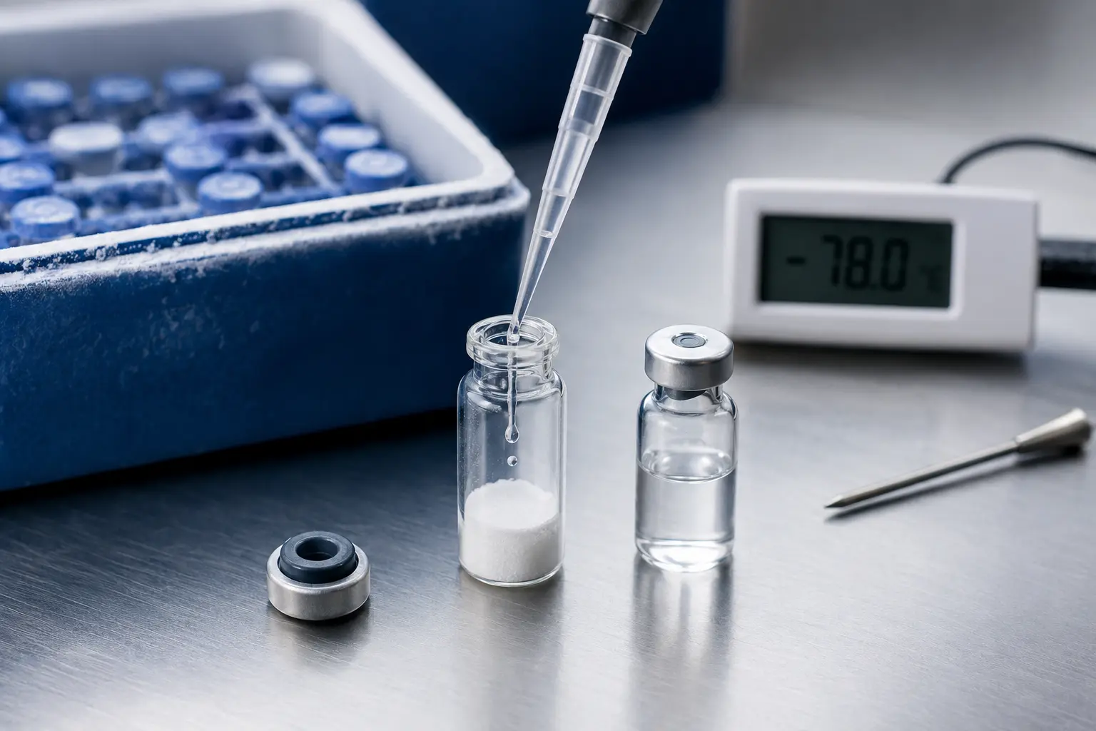 Lyophilized peptide sample handled with a laboratory micropipette near cold storage