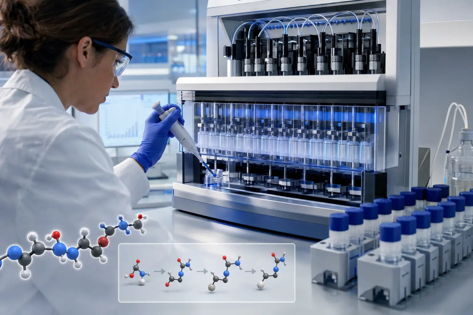 Researcher operating an automated solid-phase peptide synthesizer