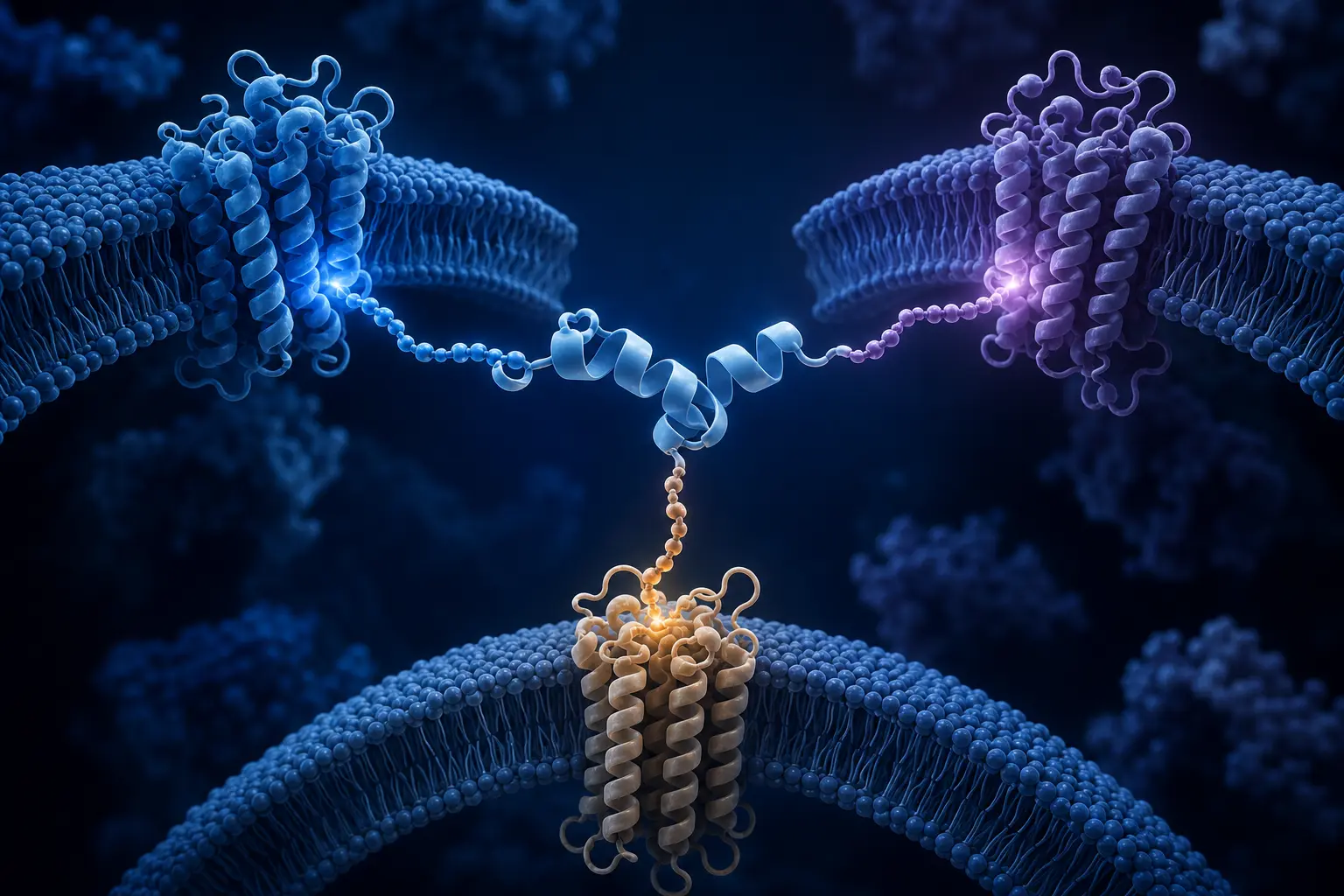 Conceptual engineered peptide interacting with three cell-surface receptors
