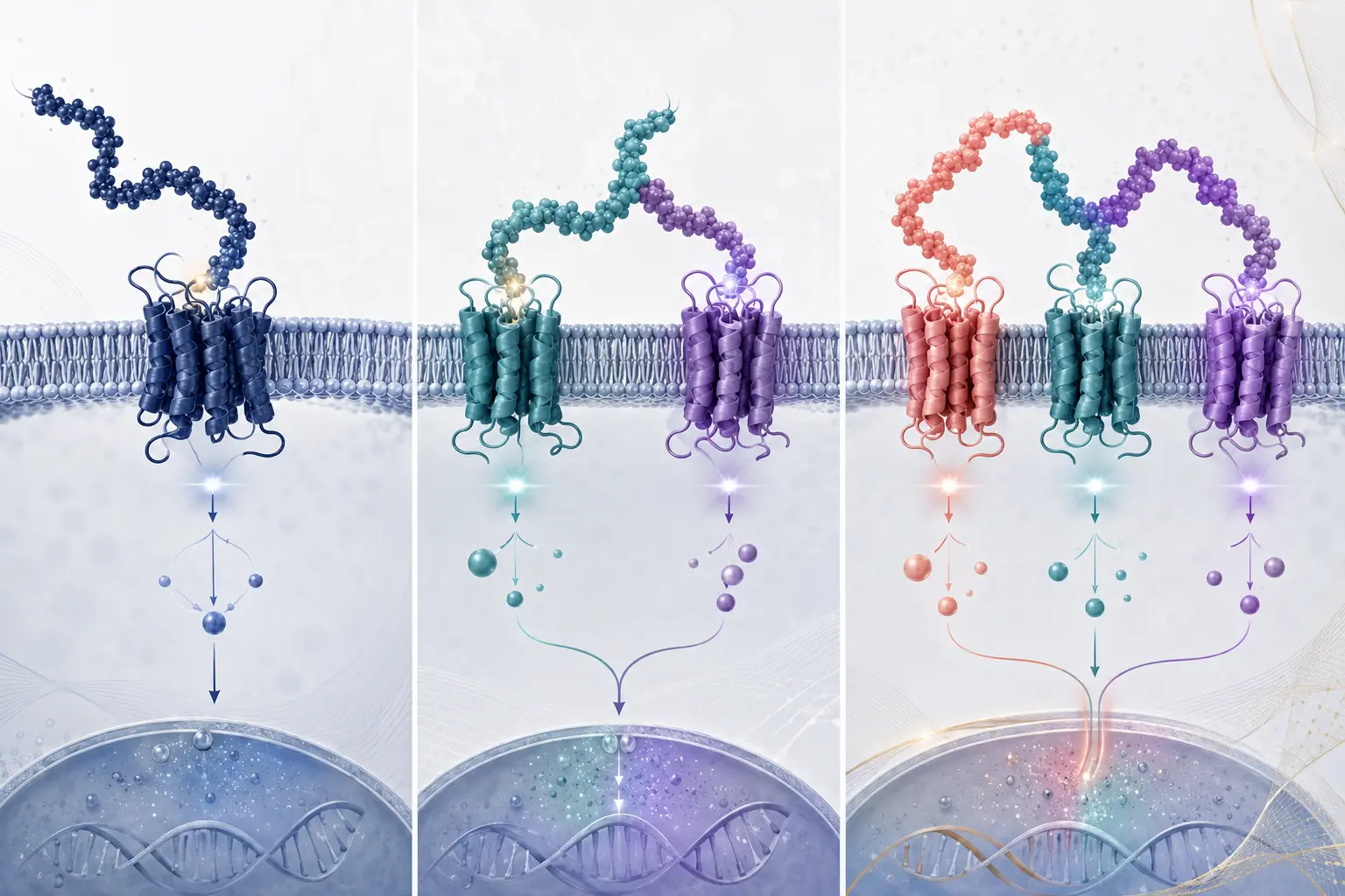 Three-panel comparison of peptides engaging one, two, and three receptor pathways