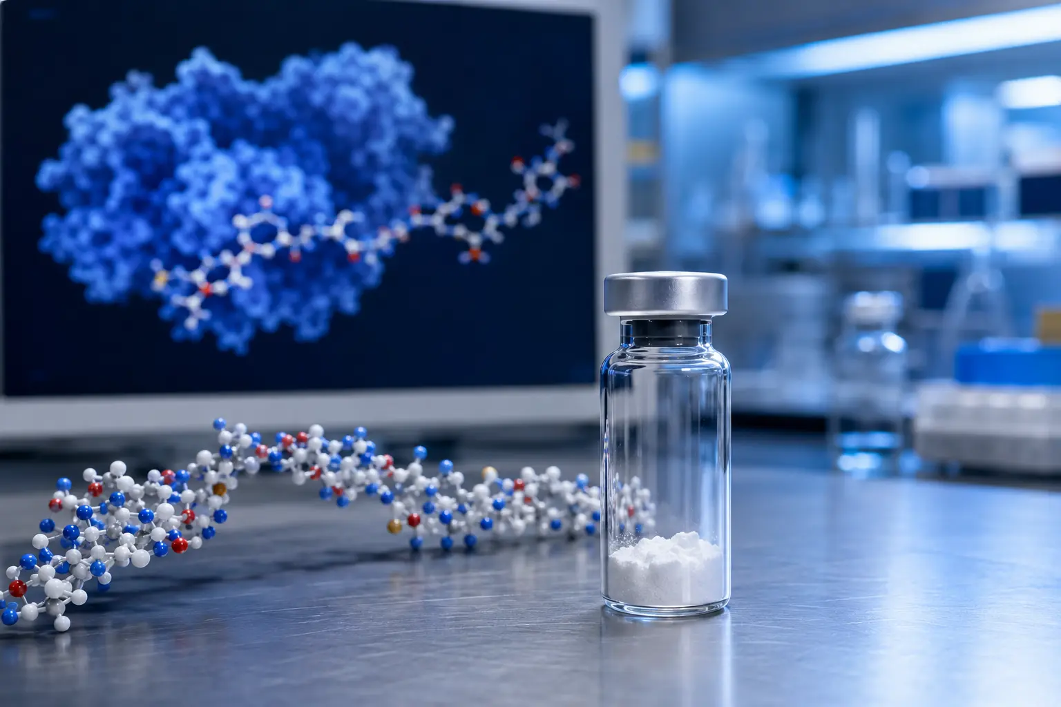 Unbranded peptide research vial beside a molecular visualization