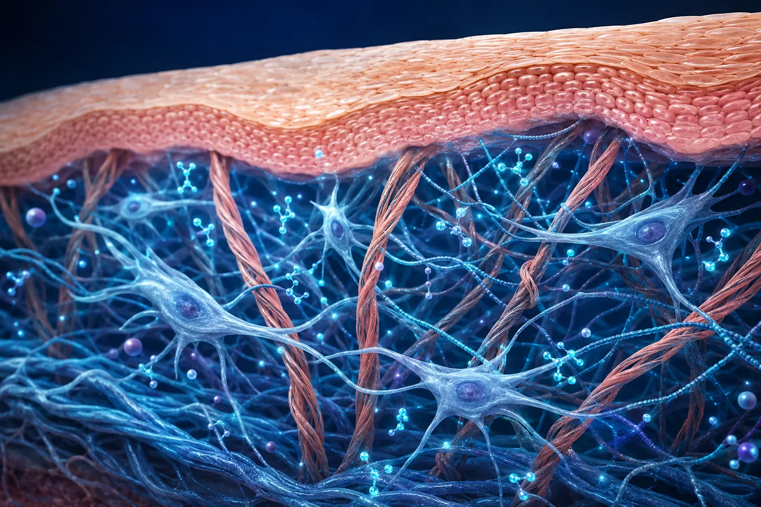 Conceptual skin cross-section showing collagen, cells, and peptide signaling
