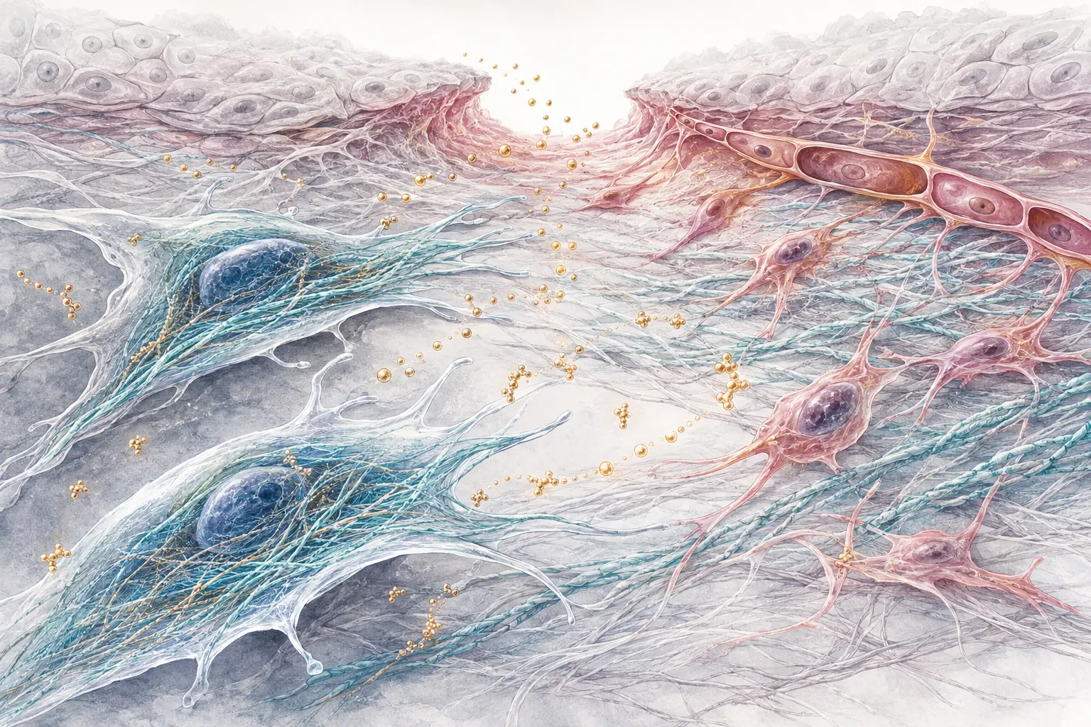 Conceptual actin cytoskeleton, migrating cells, and tissue-repair signaling