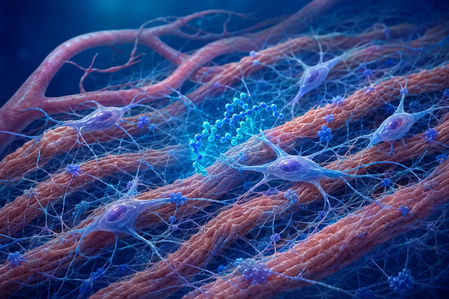 Conceptual extracellular matrix with collagen fibers, cells, and peptide signaling