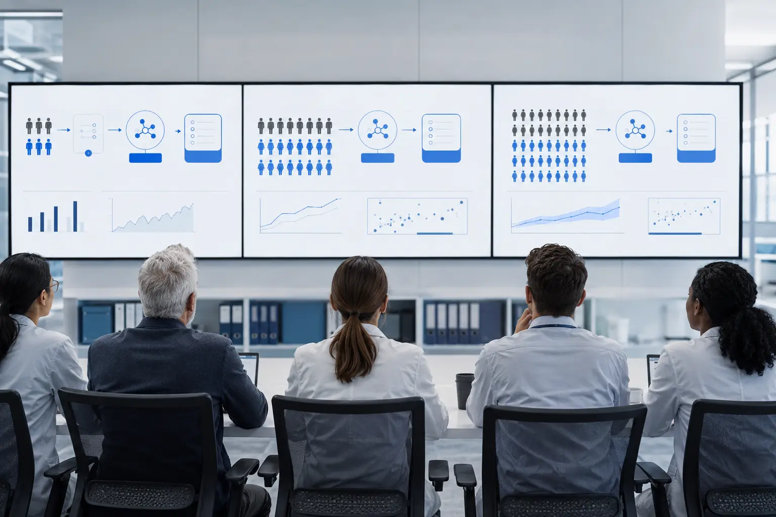 Clinical research team reviewing staged trial data